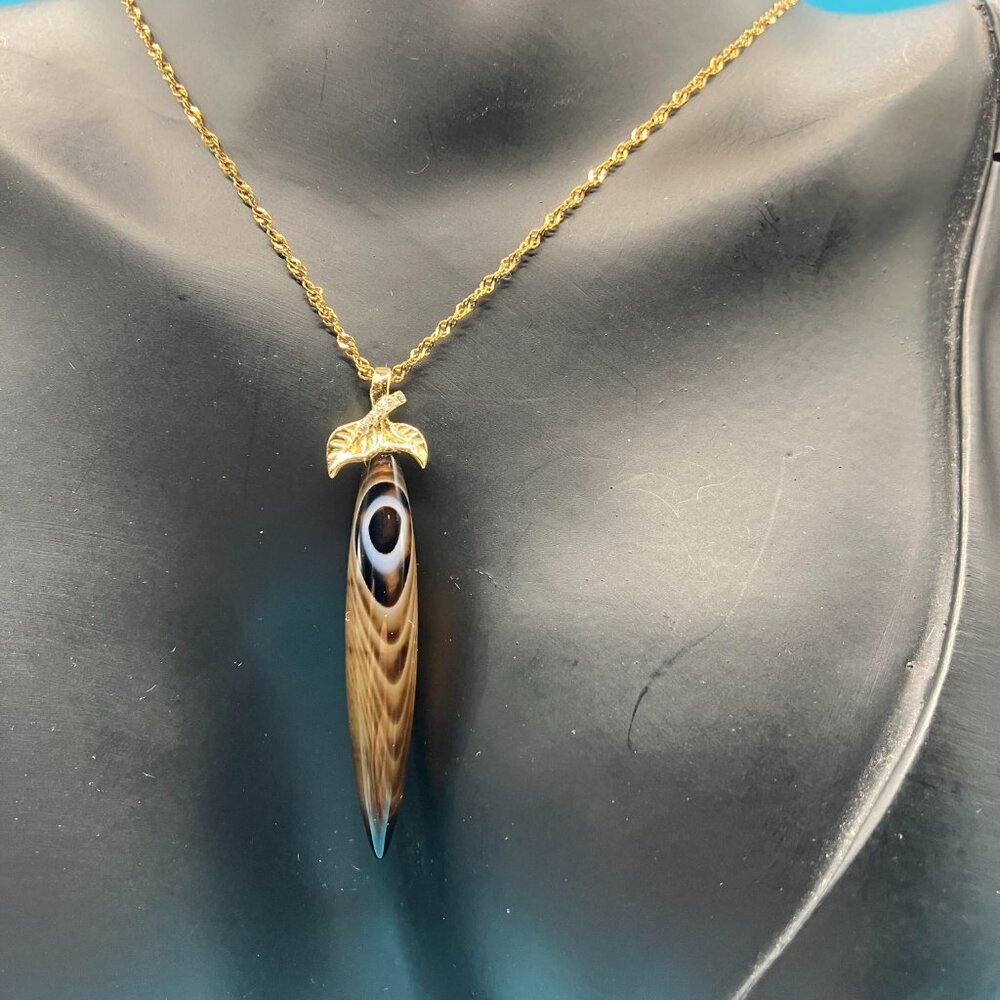 NEW 925 Solid Sterling Silver Chain with Brown Striped Agate Pendant Necklace
